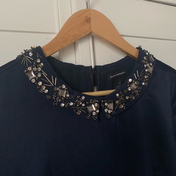 Club Monaco Navy Blue Silk Jewel Collar Dress - Picture 2 of 5